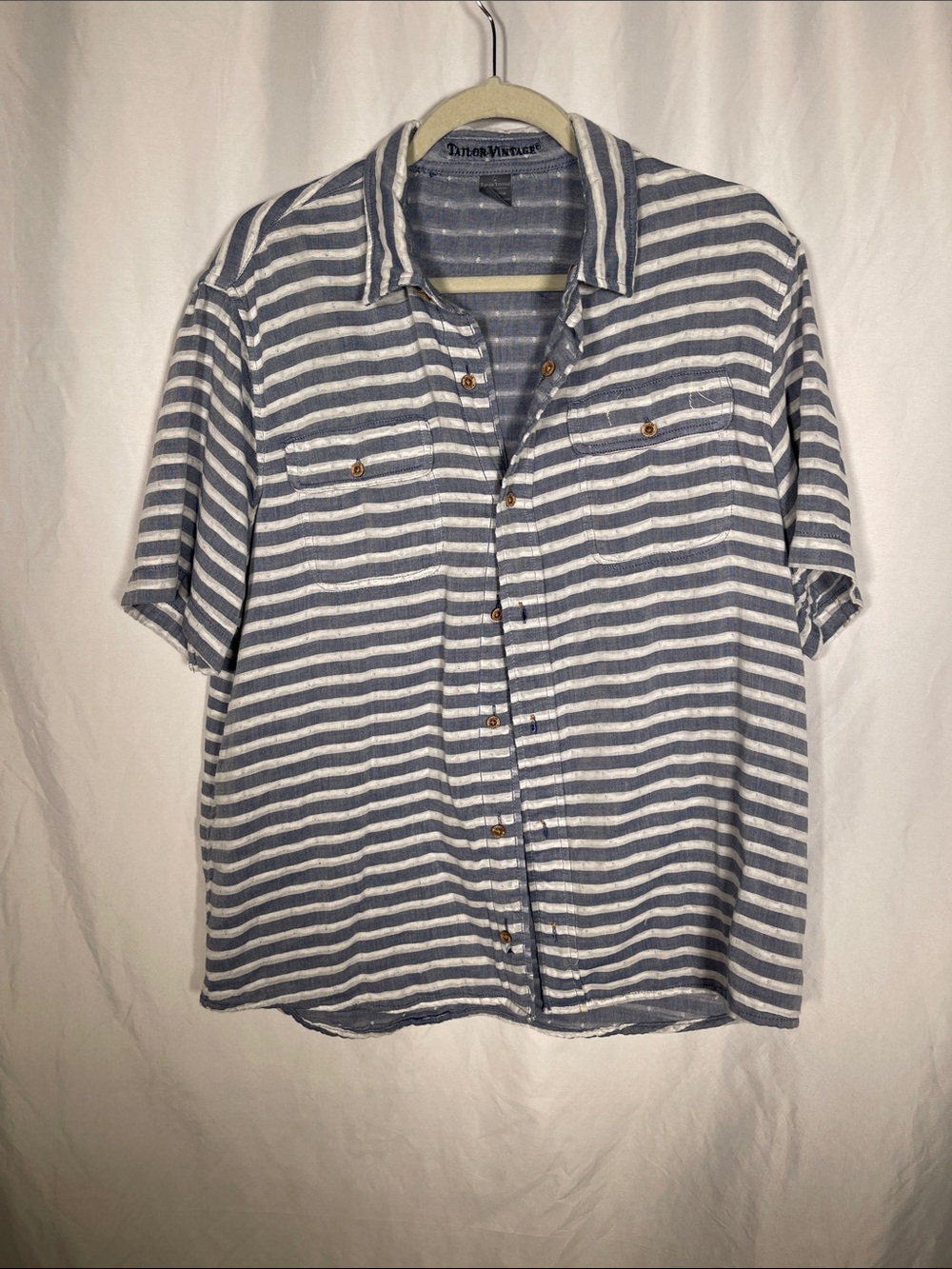 TAILOR VINTAGE MENS SHORT SLEEVE BLUE WHITE BUTTON DOWN SHIRT REVERSIBLE LARGE